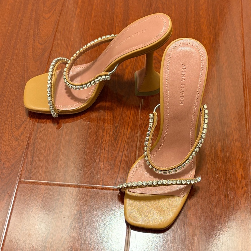 Amina Muaddi Tan Heels with Rhinestone